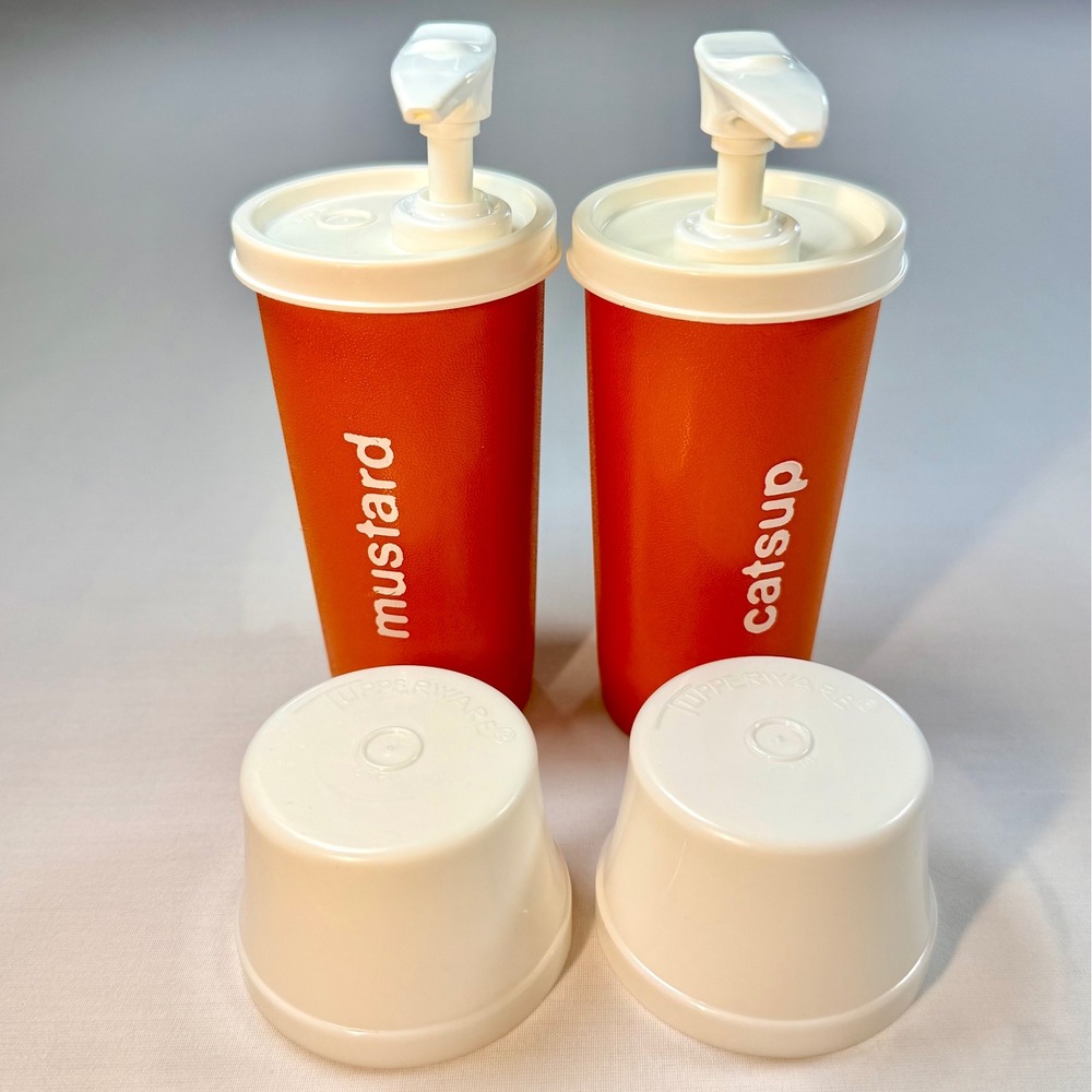 Vintage Tupperware Picnic Mustard & Catsup Pumpers Set Orange 1970s NWOB